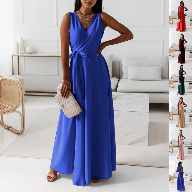 V-neck Sleeveless Dress With Belt Summer Fashion Party Club Evening Maxi Dresses For Women Clothing