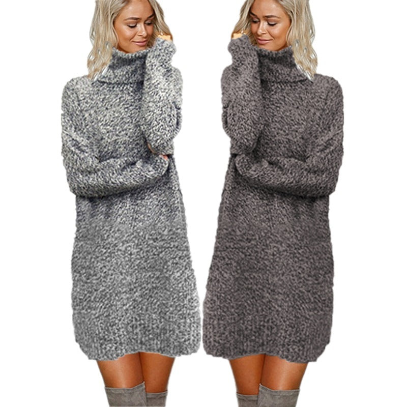 Women High Neck Mid Length Sweater Dress