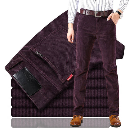 Men's Pockets Corduroy Trousers Winter Slim-fit Straight-leg Casual Pants Clothing