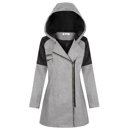 Women Warm Slim Full Zipper Coat Thick Woolen Coat Female Fall Winter Windbreaker Hooded Diagonal Zipper Women's Clothing