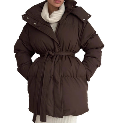 Casual Waist Tight Skinny Slimming Hooded Mid-length Bread Cotton-padded Jacket