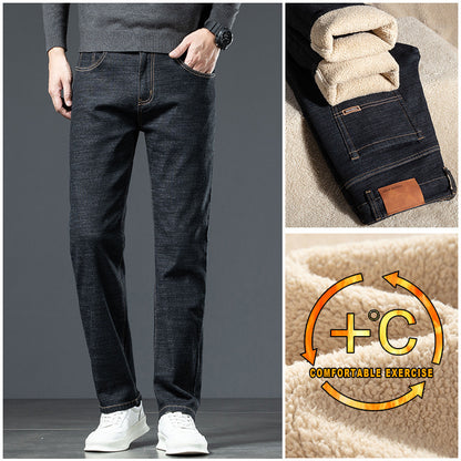 Men's Loose Straight Stretch Fleece-lined Jeans Thickened For Warmth With Lamb Fleece