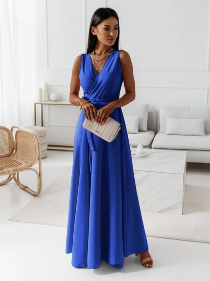 V-neck Sleeveless Dress With Belt Summer Fashion Party Club Evening Maxi Dresses For Women Clothing