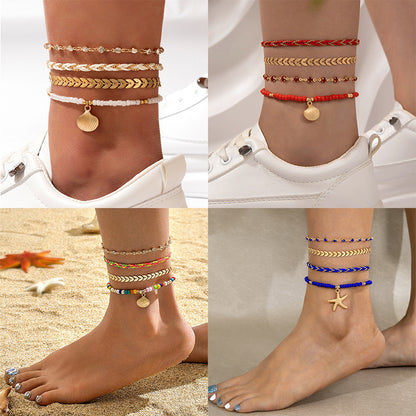 4pcs Set Bohemian Woven Rope Foot Chain For Men And Women Geometric Alloy Black Beads Dropping Oil Anklet Set Summer Fashion Jewelry