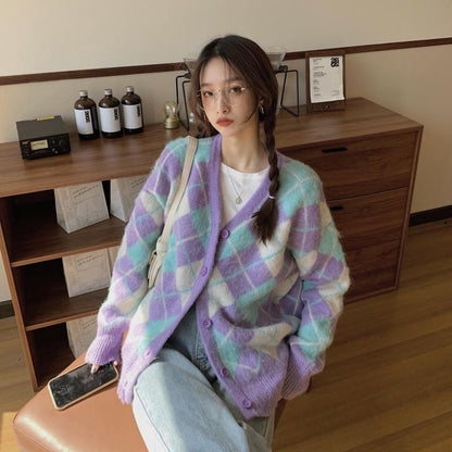 Cardigan Knitted Jacket Women New Style Rhomboid Soft Wax