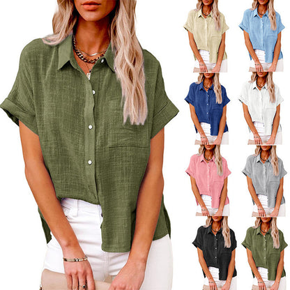 Summer Lapel Short Sleeve Shirt With Pockets Fashion Casual Solid Color Button Tops Women's Clothing
