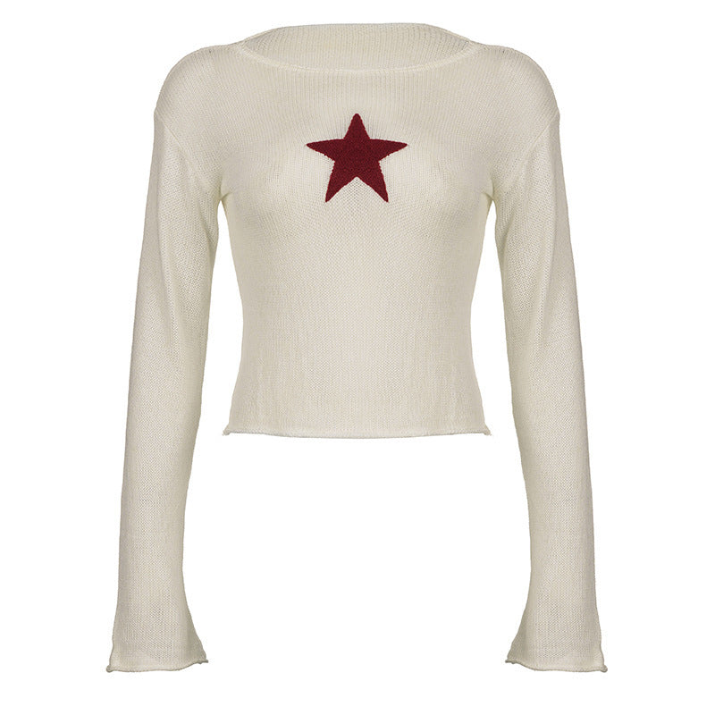 Five Pointed Star Short Curled Fashion Slight Raglan Long Sleeve Sweater T-shirt