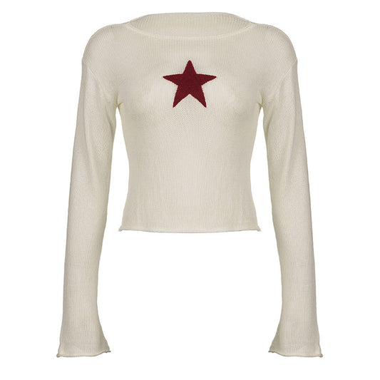 Five Pointed Star Short Curled Fashion Slight Raglan Long Sleeve Sweater T-shirt
