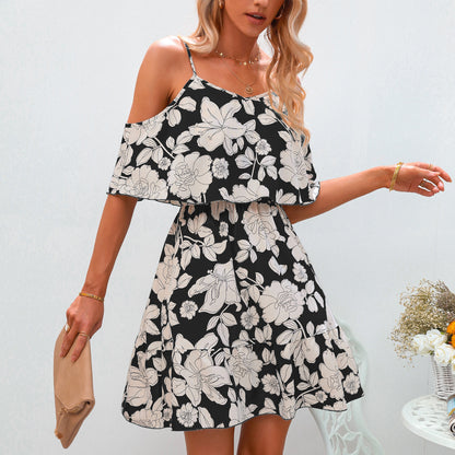 European And American Women's Sling Chiffon Floral Dress Short Skirt