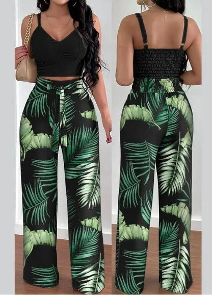 Women's Solid Color Slim Elastic Pleated Two-Piece Suit Sexy Spaghetti Strap V-neck Backless Vest High Waist Wide Leg Pants Suit