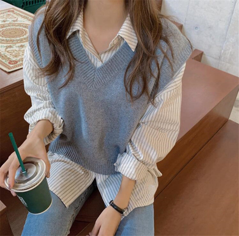 Loose Sweater Vest Shirt Two Piece Set