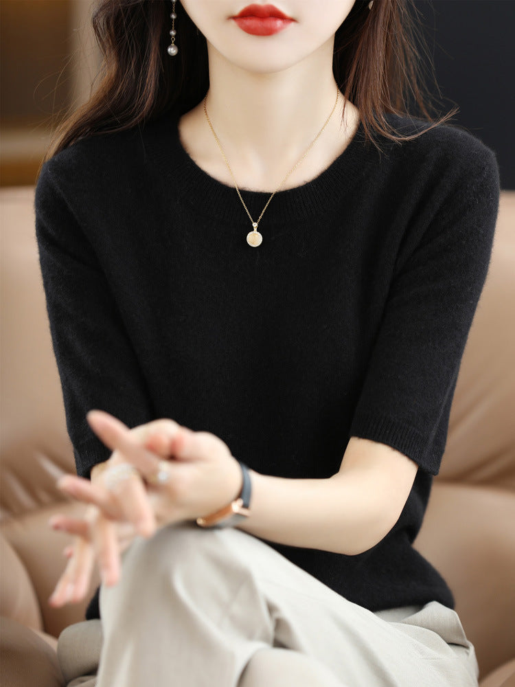 Knitted Short Sleeve Loose T-shirt Inner Wear Sweater Non-cashmere Bottoming Shirt
