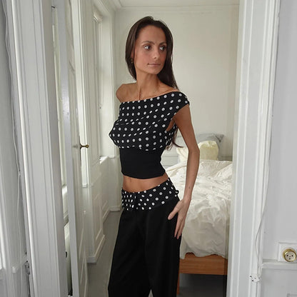 Polka Dots Print Oblique Shoulder Tops Summer Patchwork Chiffon Crop Top Women Sexy Sleeveless Lace Up Backless Blouse Casual Streetwear Tee