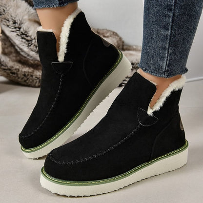 Winter Snow Boots Warm V-cut Flat Ankle Boot Women's Plus Size Solid Color Slip-on Shoes