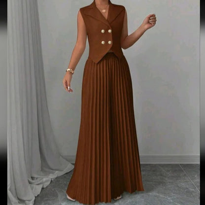 Summer Sleeveless Suit Fashion Lapel Button Vest Top And Pleated Straight Pants Women's Trousers Set Clothing