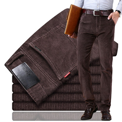 Men's Pockets Corduroy Trousers Winter Slim-fit Straight-leg Casual Pants Clothing