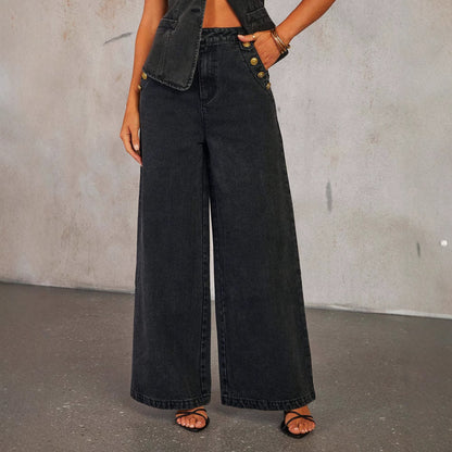 Denim Vest Suits Fashion Sleeveless Button Tops And Wide Leg Straight Pants With Pockets Women's Trousers Set