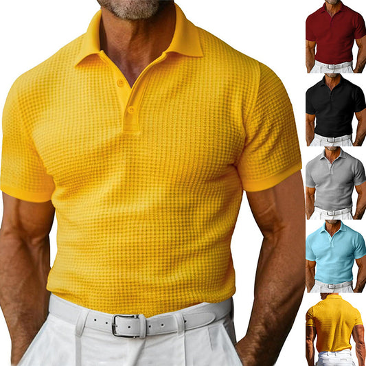 Waffle Short Sleeve Polo Shirt Men's Fashion Summer Lapel Tops
