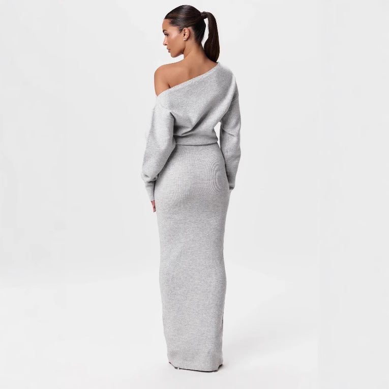 Ins Slim Long Sleeve Knitted Dress Evening Party Sexy Off-shoulder Bodycon Long Dresses