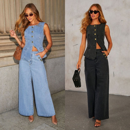 Denim Vest Suits Fashion Sleeveless Button Tops And Wide Leg Straight Pants With Pockets Women's Trousers Set