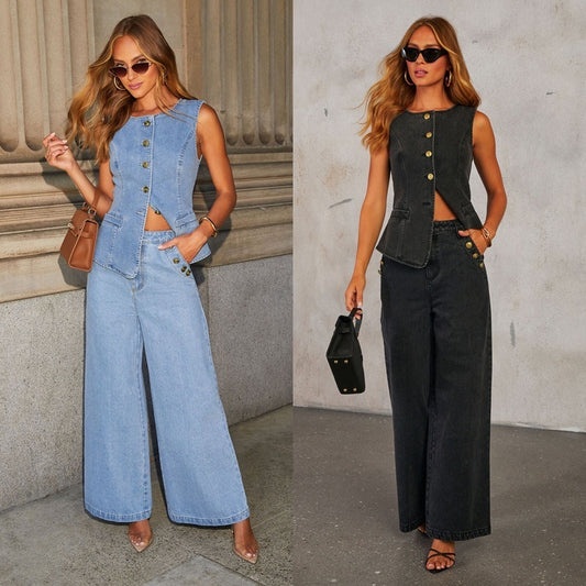 Denim Vest Suits Fashion Sleeveless Button Tops And Wide Leg Straight Pants With Pockets Women's Trousers Set