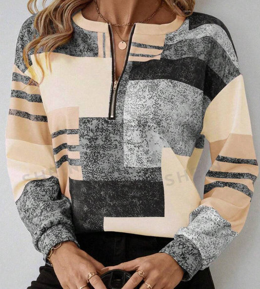 Round Neck Half Zipper Casual Style Polo Shirt Irregular Geometric Top