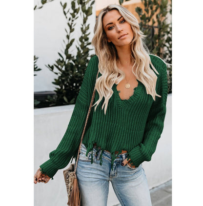 Pure Color Casual Slim V-neck Pullover Sweater