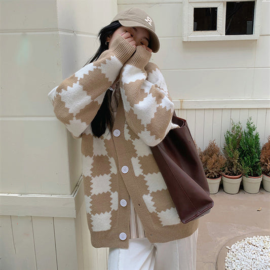Women's Padded Checkerboard Plaid Sweater Cardigan