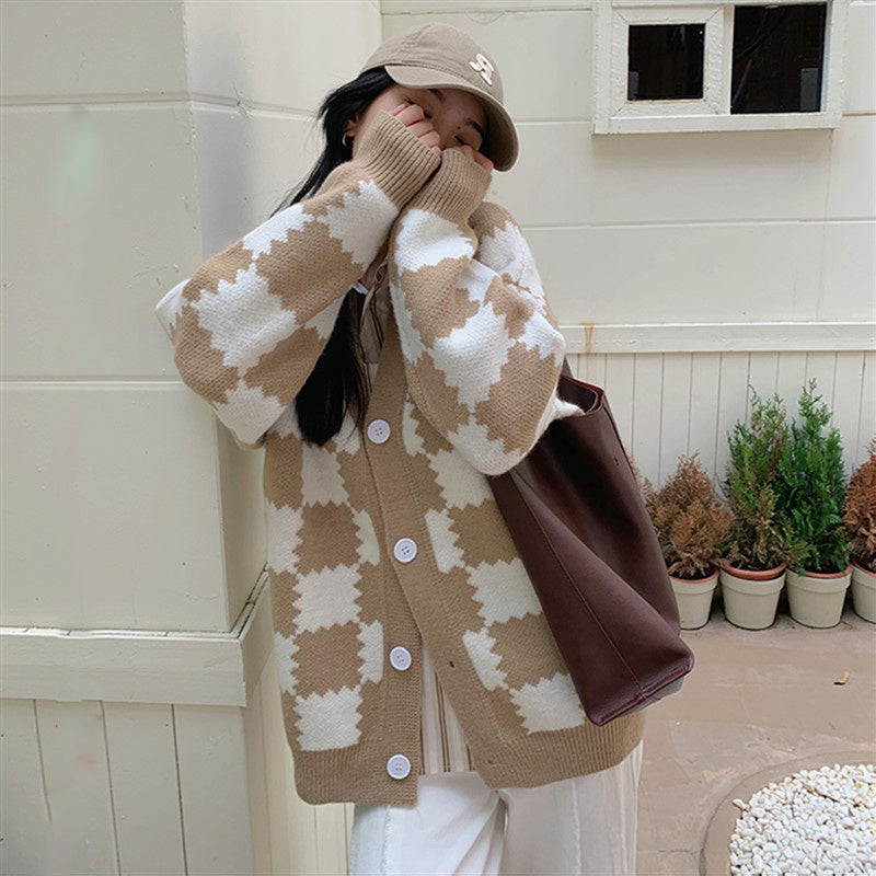 Women's Padded Checkerboard Plaid Sweater Cardigan